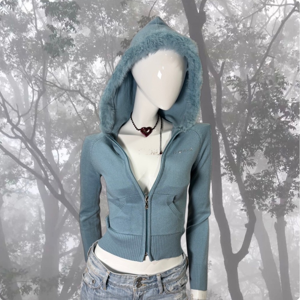 Bebe Genuine Fur Trim Zip Hoodie Y2K Baby Blue Fitted Knit Rhinestones Jacket XS